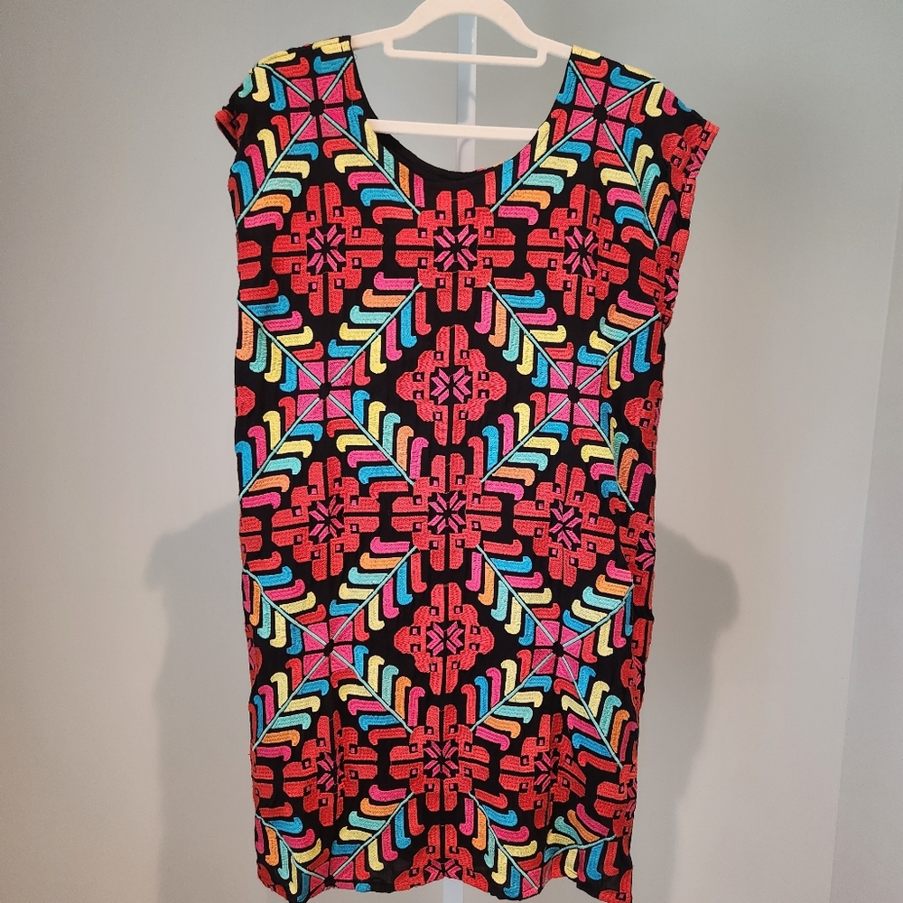 J.Marie Embroidered Shift Dress Vacation Resortwear Bright Mexico Geometric Sz S - Picture 3 of 12